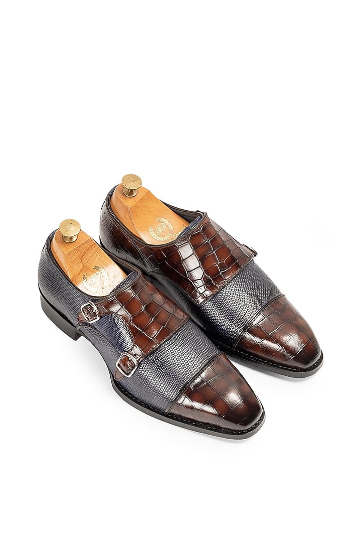 Navy Brown Patina Leather Monk Strap Shoes by Modello Domani at Pernia's Pop Up Shop