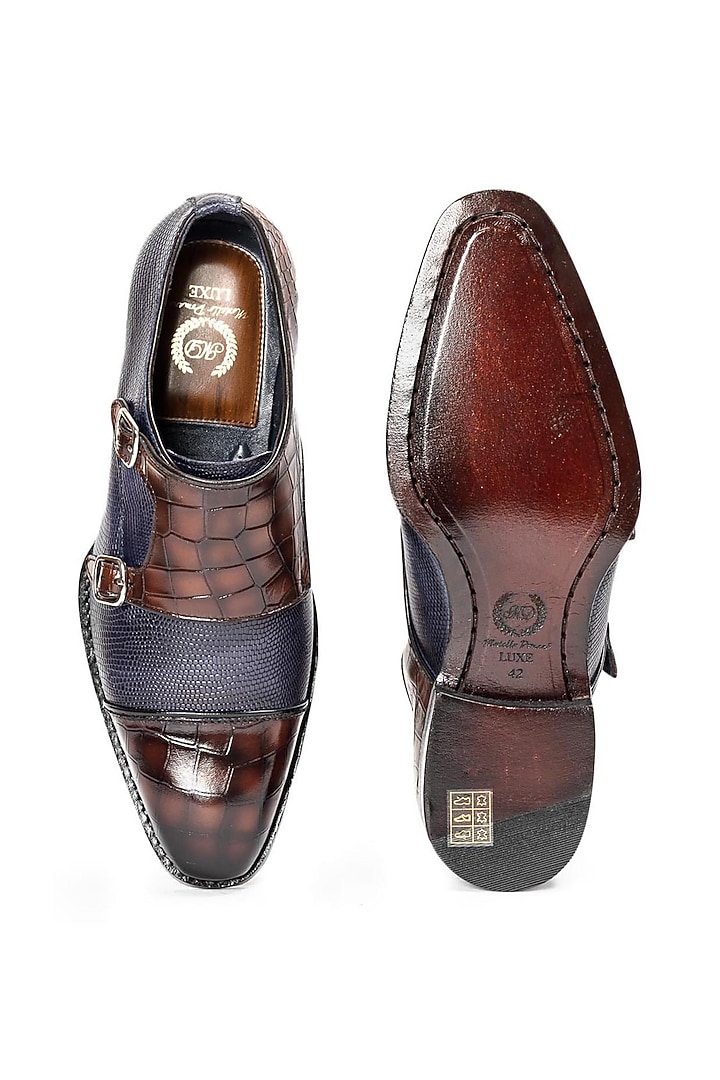 Navy Brown Patina Leather Monk Strap Shoes by Modello Domani at Pernia's Pop Up Shop