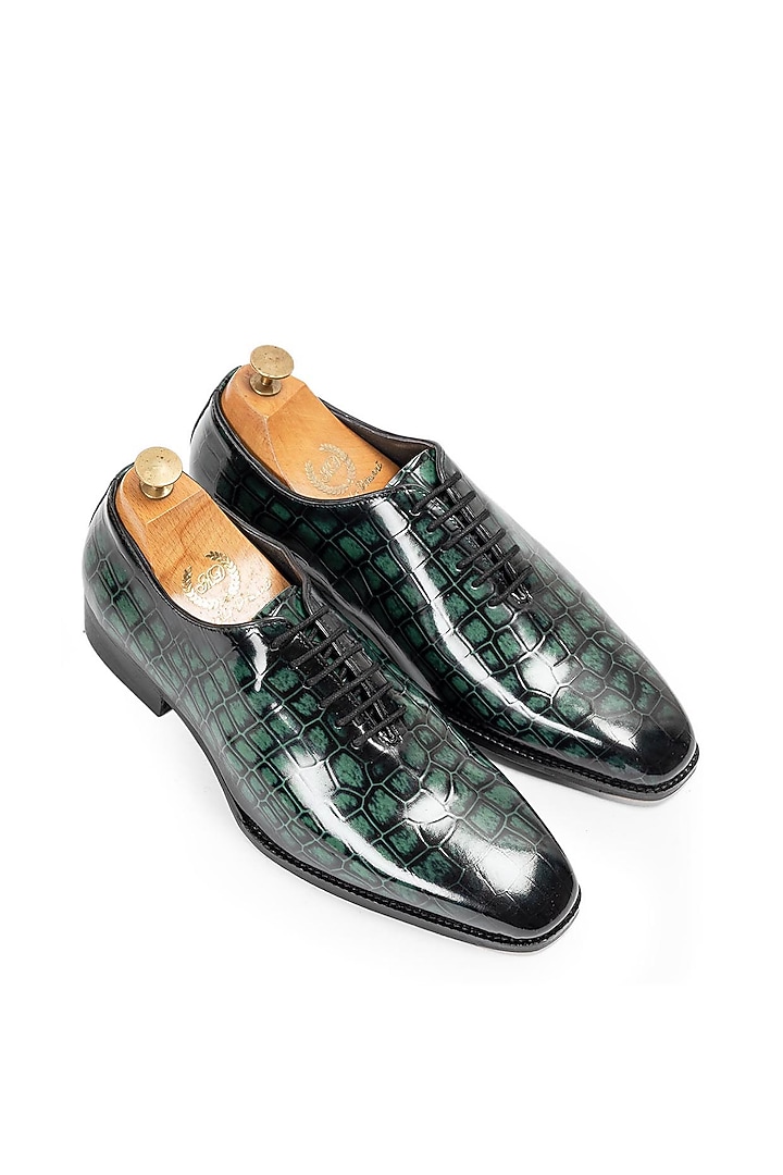 Green Patina Leather Lace-Up Shoes by Modello Domani at Pernia's Pop Up Shop