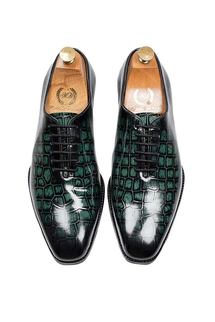 Green Patina Leather Lace-Up Shoes by Modello Domani at Pernia's Pop Up Shop