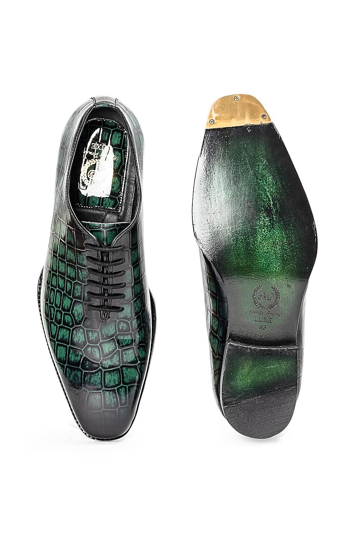 Green Patina Leather Lace-Up Shoes by Modello Domani at Pernia's Pop Up Shop