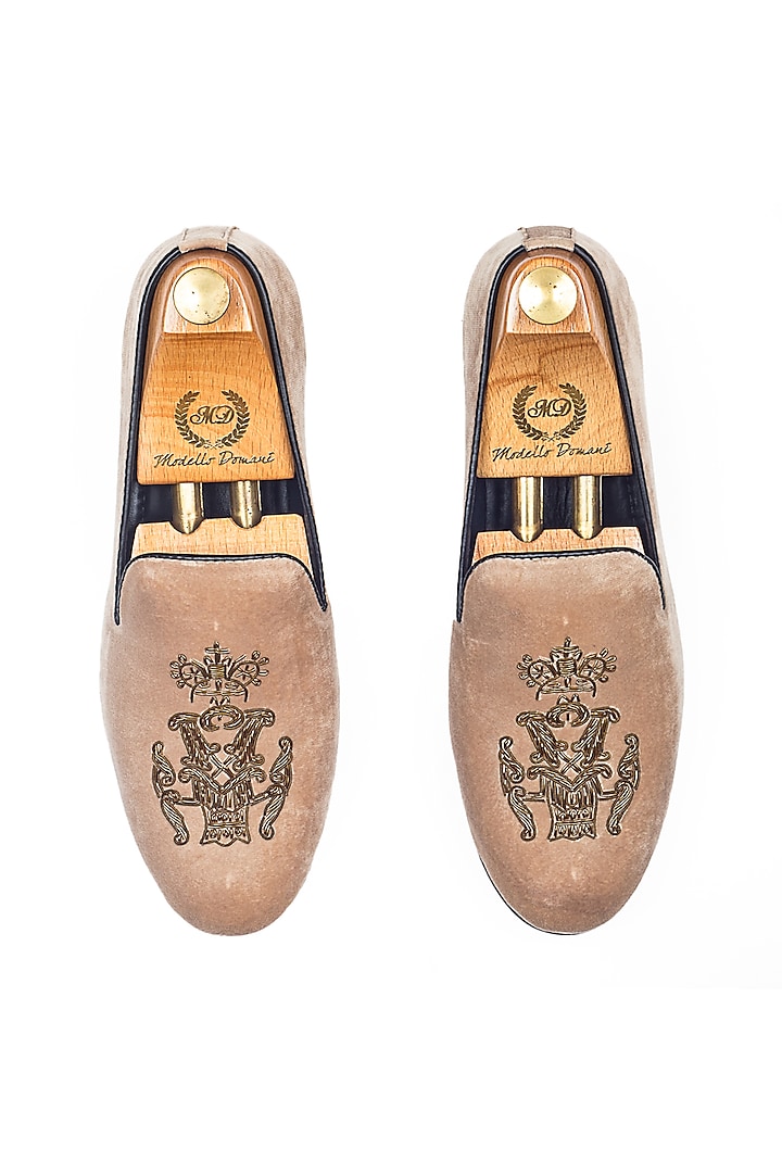 Beige Velvet Zardosi Embroidered Handcrafted Slip-Ons by Modello Domani