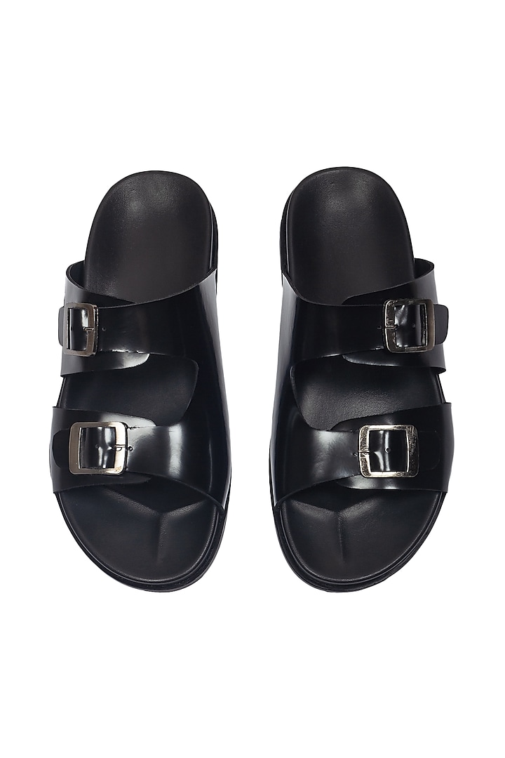 Black Leather Handcrafted Buckle Sandals by Modello Domani