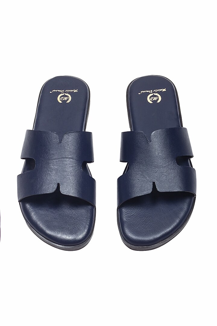 Navy Blue Leather Handcrafted Slippers by Modello Domani at Pernia's Pop Up Shop