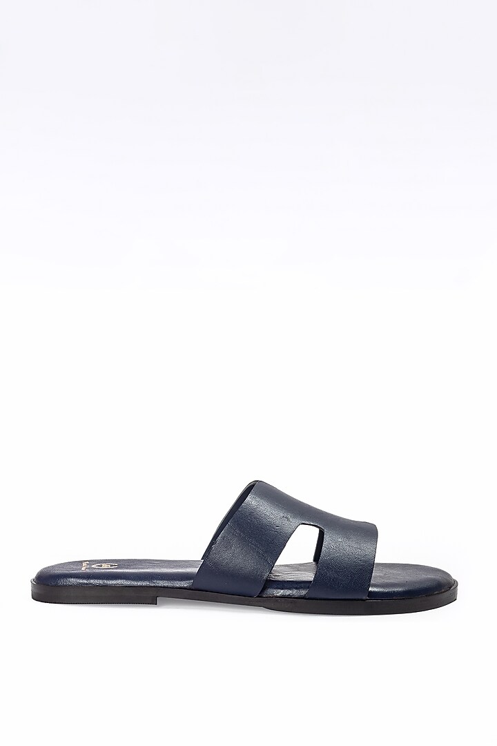 Navy Blue Leather Handcrafted Slippers by Modello Domani at Pernia's Pop Up Shop