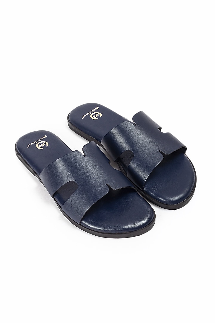 Navy Blue Leather Handcrafted Slippers by Modello Domani at Pernia's Pop Up Shop