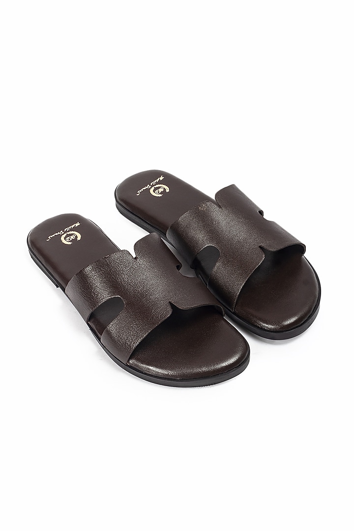Brown Leather Handcrafted Slippers by Modello Domani at Pernia's Pop Up Shop