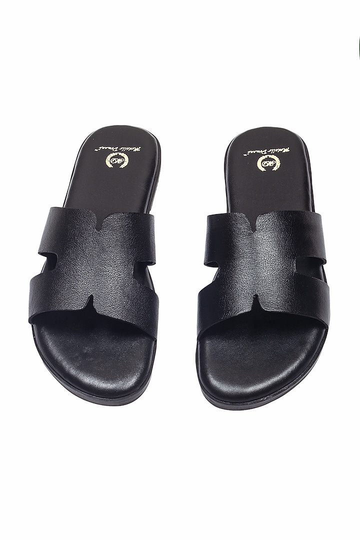 Black Leather Handcrafted Slippers by Modello Domani at Pernia's Pop Up Shop