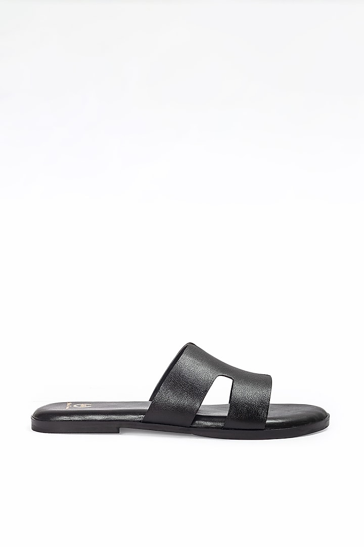 Black Leather Handcrafted Slippers by Modello Domani at Pernia's Pop Up Shop