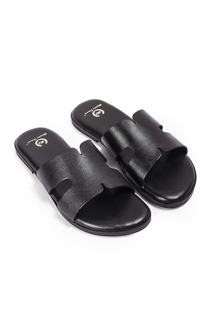Black Leather Handcrafted Slippers by Modello Domani at Pernia's Pop Up Shop