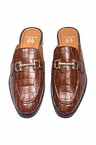 Brown Leather Handcrafted Buckle Mules by Modello Domani