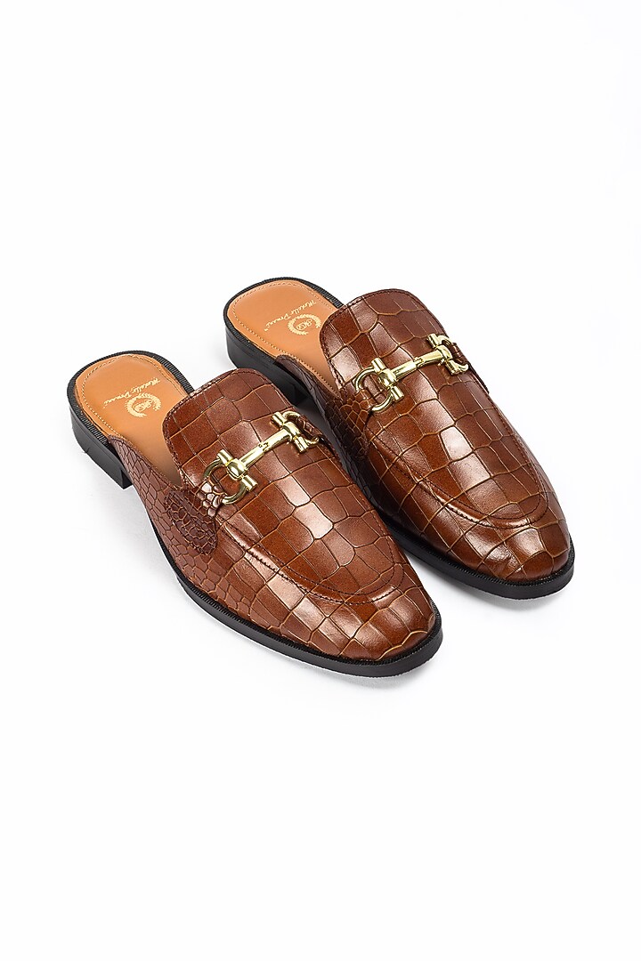 Brown Leather Handcrafted Buckle Mules by Modello Domani at Pernia's Pop Up Shop