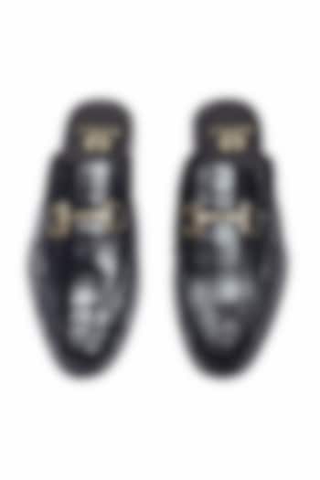 Black Leather Handcrafted Buckle Mules by Modello Domani at Pernia's Pop Up Shop