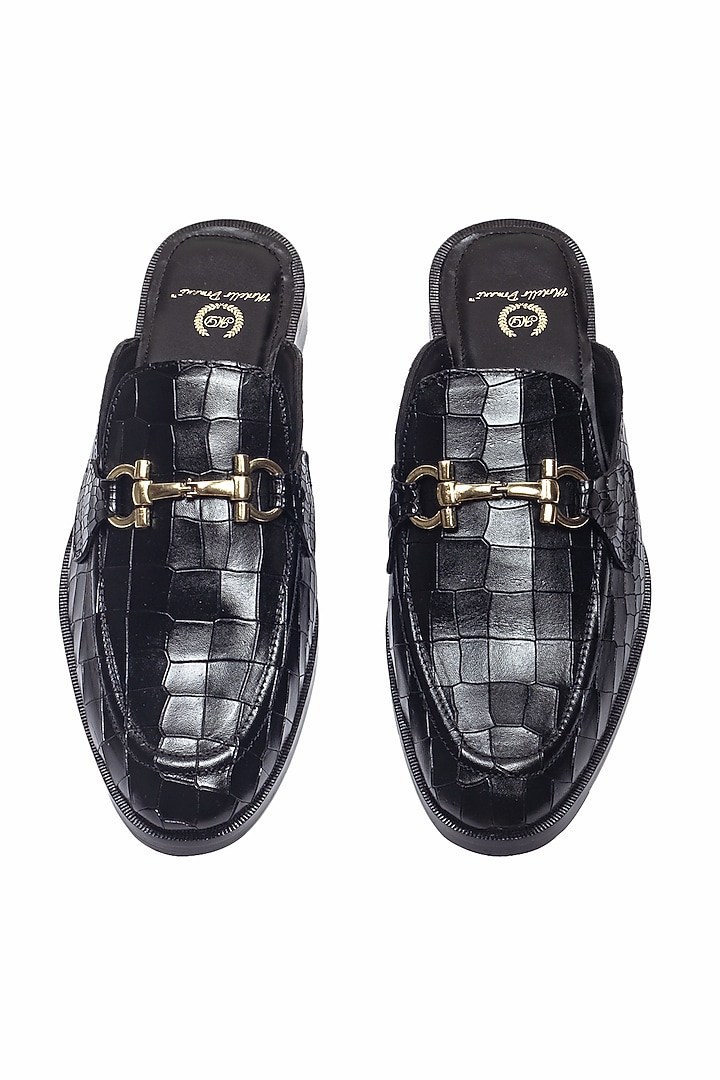 Black Leather Handcrafted Buckle Mules by Modello Domani at Pernia's Pop Up Shop