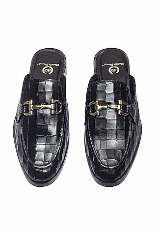 Black Leather Handcrafted Buckle Mules by Modello Domani