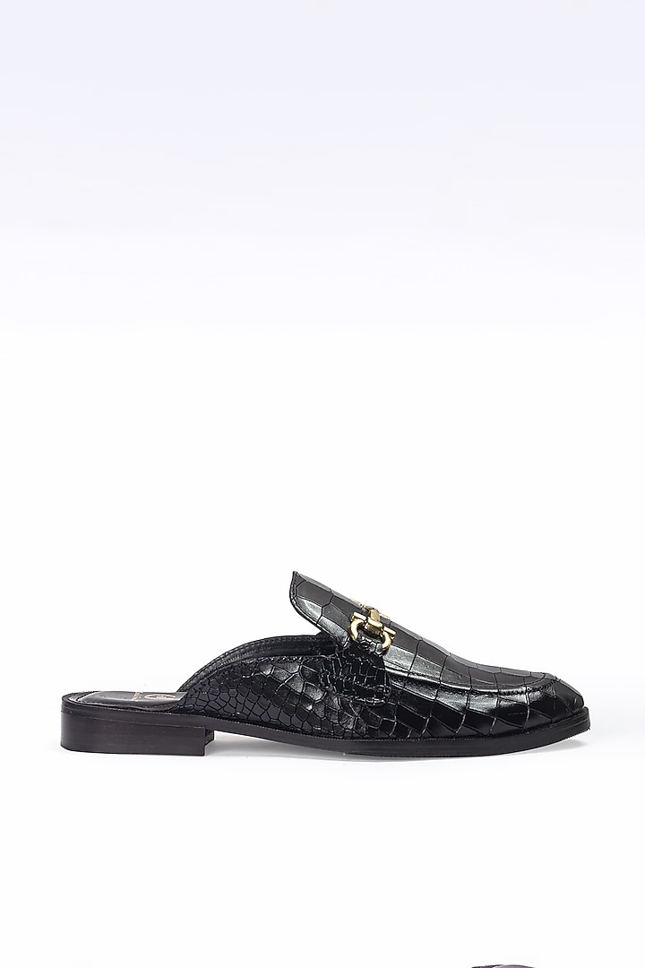 Black Leather Handcrafted Buckle Mules by Modello Domani at Pernia's Pop Up Shop