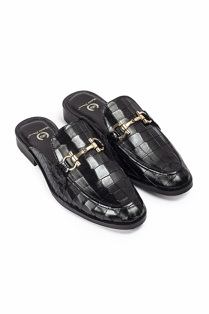Black Leather Handcrafted Buckle Mules by Modello Domani at Pernia's Pop Up Shop
