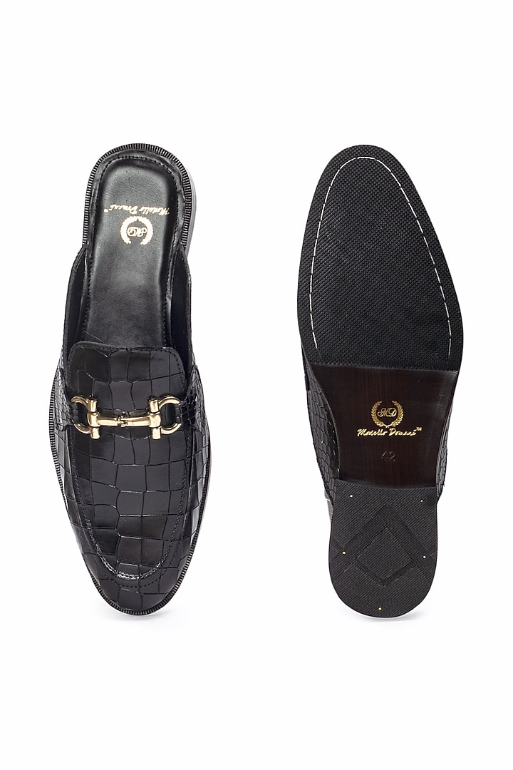 Black Leather Handcrafted Buckle Mules by Modello Domani at Pernia's Pop Up Shop