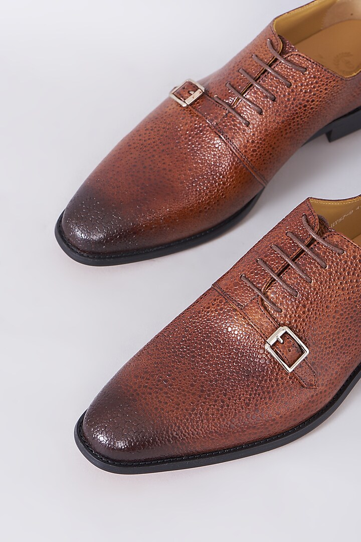 Burgundy Brown Handcrafted Textured Monksford Shoes by Modello Domani at Pernia's Pop Up Shop