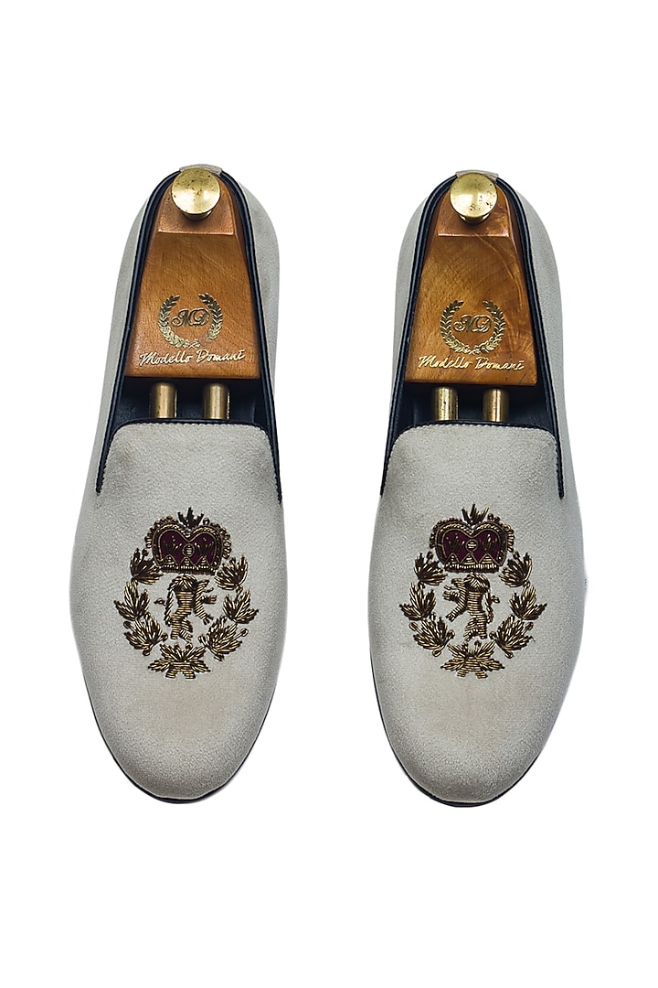 Beige Velvet Zardosi Embroidered Handcrafted Slip-On Shoes by Modello Domani