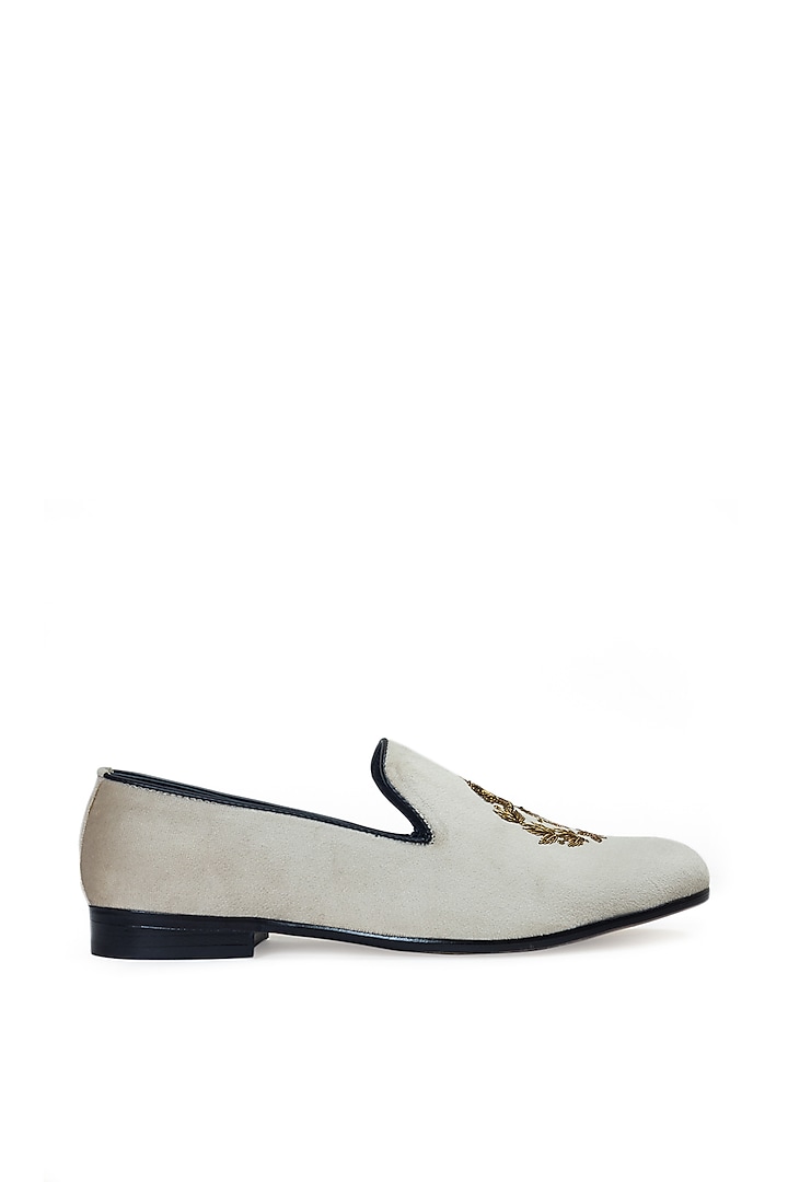 Beige Velvet Zardosi Embroidered Handcrafted Slip-On Shoes by Modello Domani at Pernia's Pop Up Shop