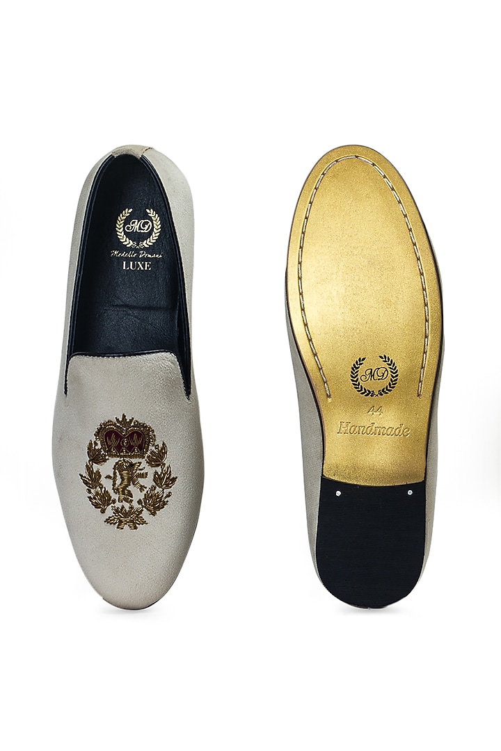 Beige Velvet Zardosi Embroidered Handcrafted Slip-On Shoes by Modello Domani at Pernia's Pop Up Shop