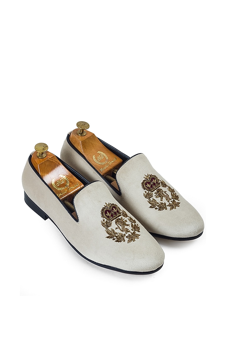 Beige Velvet Zardosi Embroidered Handcrafted Slip-On Shoes by Modello Domani at Pernia's Pop Up Shop