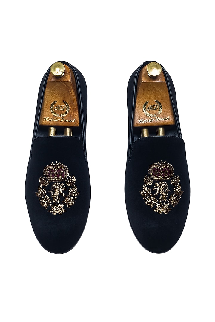Black Velvet Zardosi Embroidered Handcrafted Slip-On Shoes by Modello Domani