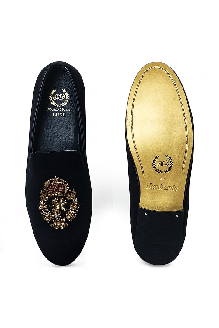 Black Velvet Zardosi Embroidered Handcrafted Slip-On Shoes by Modello Domani at Pernia's Pop Up Shop