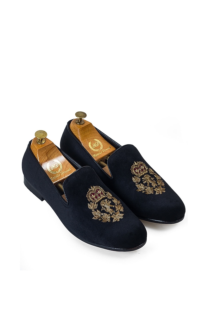 Black Velvet Zardosi Embroidered Handcrafted Slip-On Shoes by Modello Domani at Pernia's Pop Up Shop