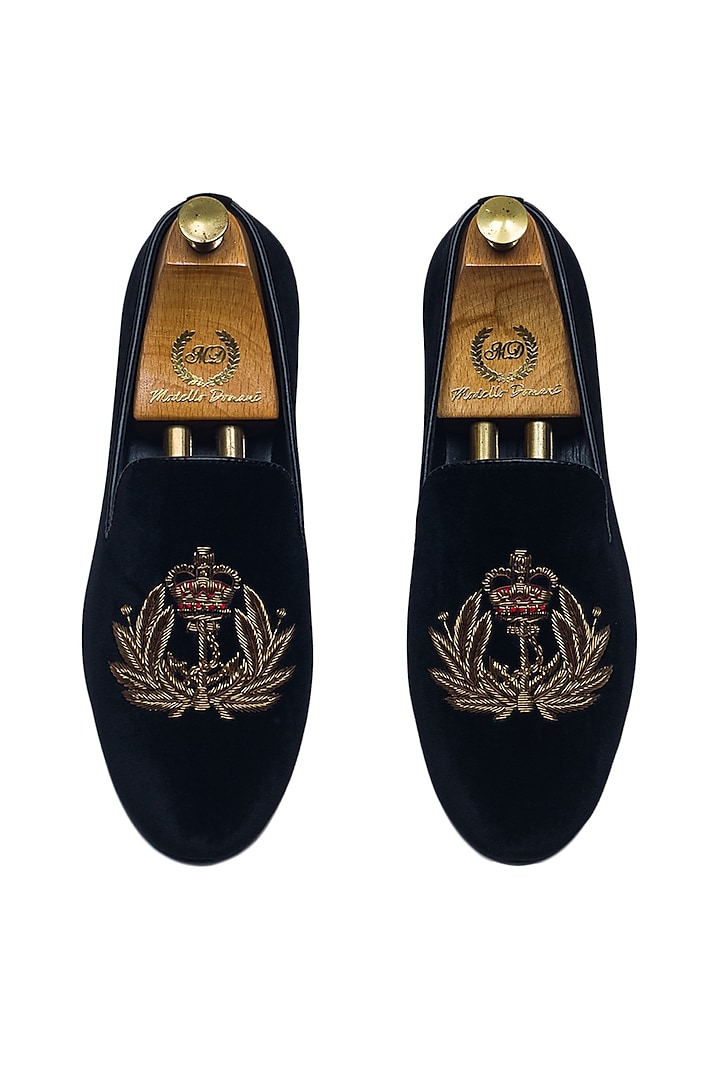 Black Velvet Zardosi Embroidered Handcrafted Slip-On Shoes by Modello Domani