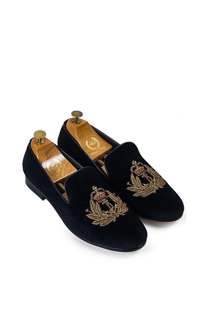 Black Velvet Zardosi Embroidered Handcrafted Slip-On Shoes by Modello Domani at Pernia's Pop Up Shop