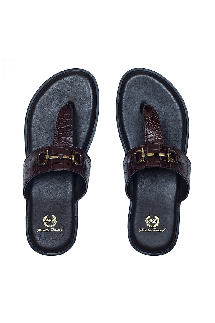 Brown Embossed Leather Handcrafted Slippers by Modello Domani