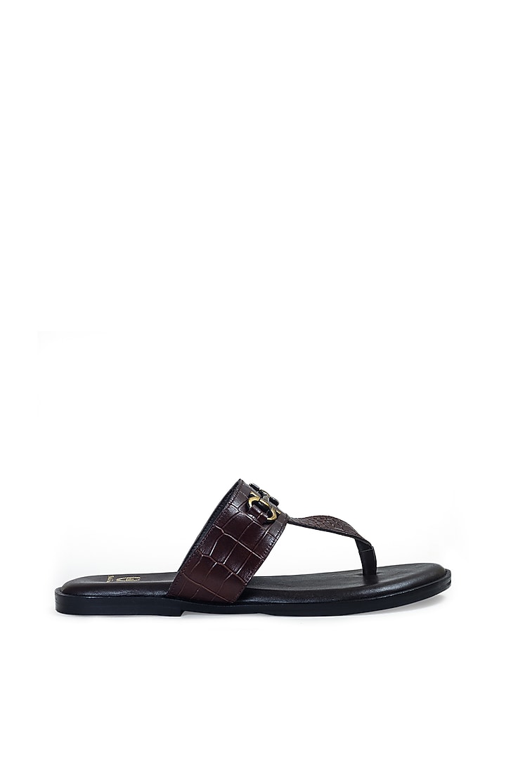 Brown Embossed Leather Handcrafted Slippers by Modello Domani at Pernia's Pop Up Shop
