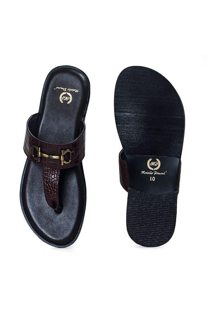 Brown Embossed Leather Handcrafted Slippers by Modello Domani at Pernia's Pop Up Shop