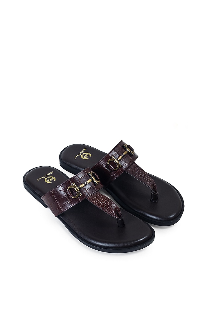 Brown Embossed Leather Handcrafted Slippers by Modello Domani at Pernia's Pop Up Shop