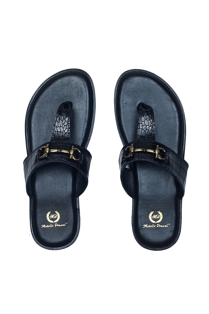 Black Embossed Leather Handcrafted Slippers by Modello Domani