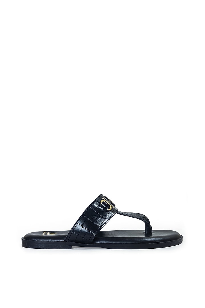 Black Embossed Leather Handcrafted Slippers by Modello Domani at Pernia's Pop Up Shop
