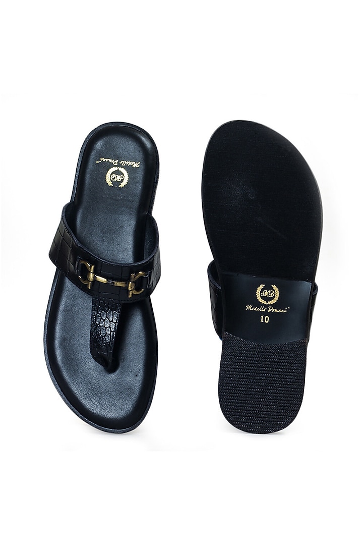 Black Embossed Leather Handcrafted Slippers by Modello Domani at Pernia's Pop Up Shop