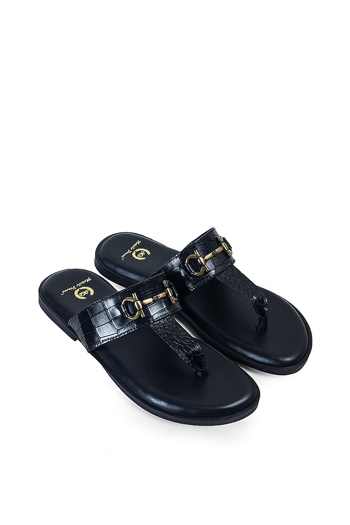 Black Embossed Leather Handcrafted Slippers by Modello Domani at Pernia's Pop Up Shop