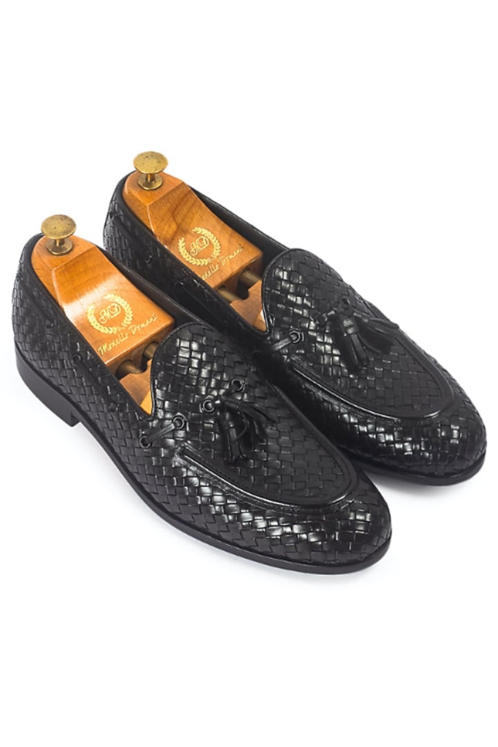 Black Pure Leather Handcrafted Slip-Ons by Modello Domani at Pernia's Pop Up Shop