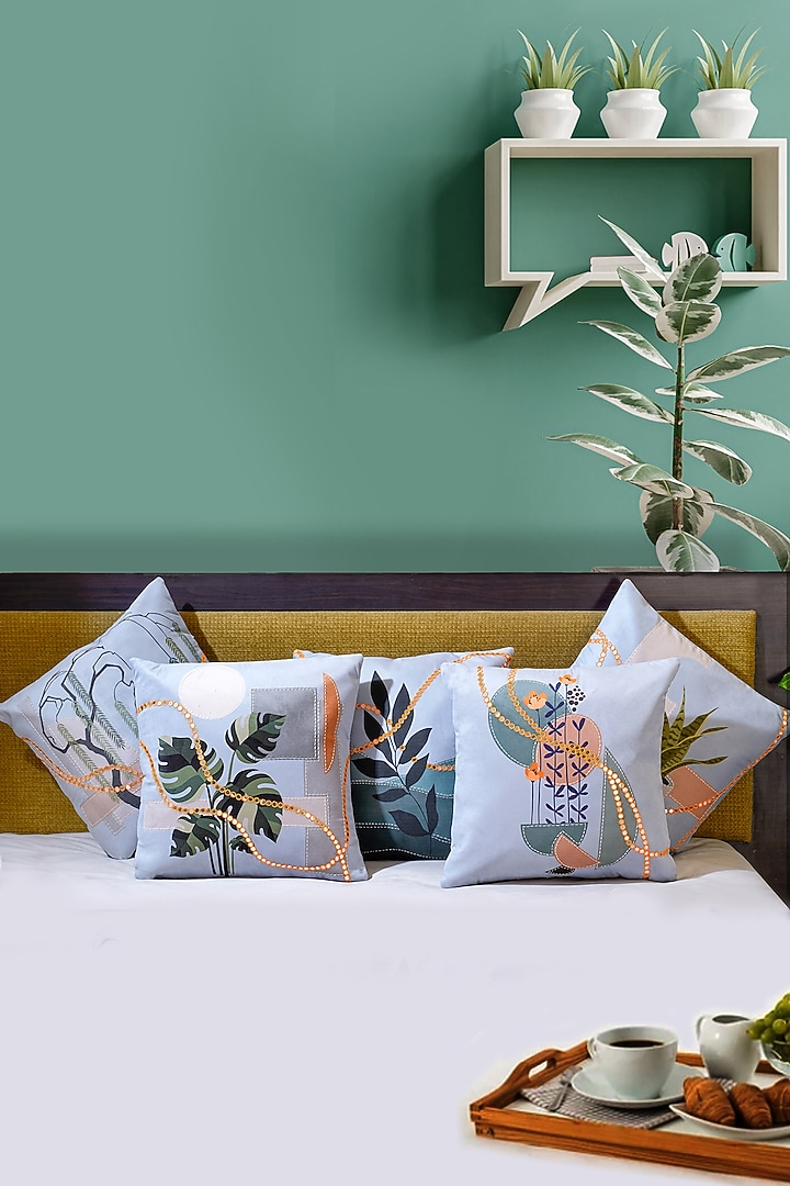 Pastel Blue Premium Velvet Tropical Printed Handcrafted Cushion Cover (Set of 5) by Mid July Home at Pernia's Pop Up Shop