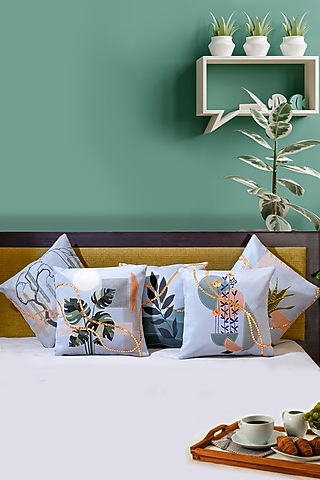 Pastel Blue Premium Velvet Tropical Printed Handcrafted Cushion Cover (Set of 5) by Mid July Home