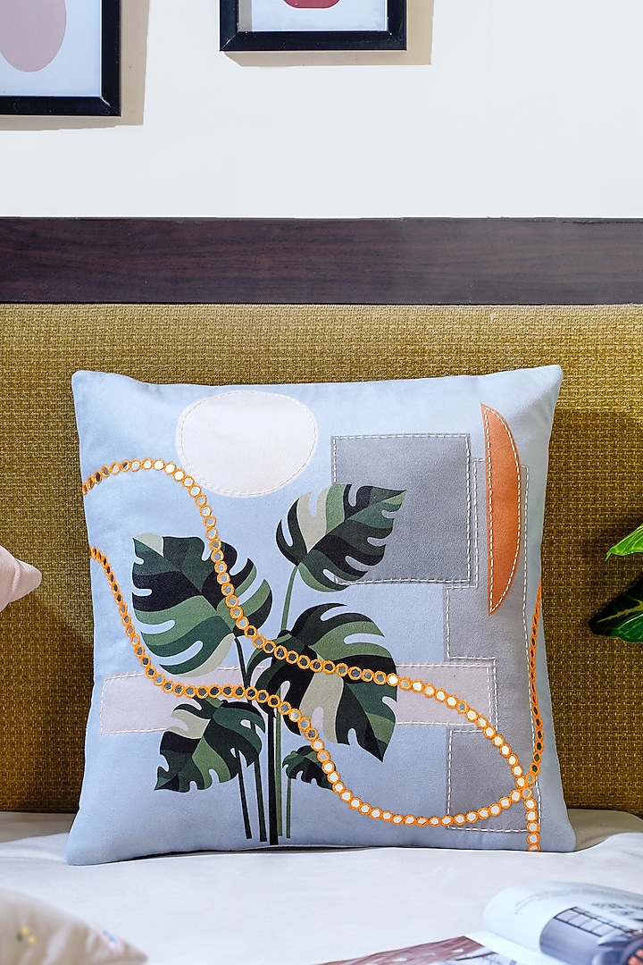 Pastel Blue Premium Velvet Tropical Printed Handcrafted Cushion Cover (Set of 5) by Mid July Home at Pernia's Pop Up Shop