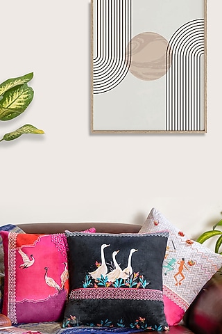 Multi-Colored Premium Velvet Printed & Thread Hand Embroidered Cushion Cover (Set of 3) by Mid July Home