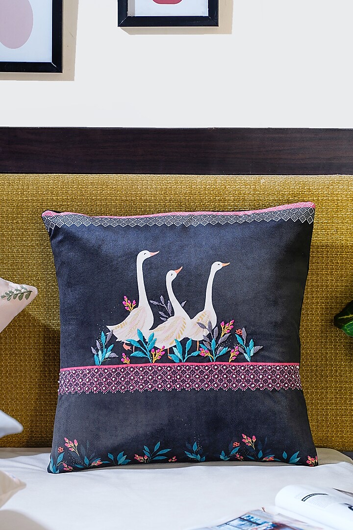 Multi-Colored Premium Velvet Printed & Thread Hand Embroidered Cushion Cover (Set of 3) by Mid July Home at Pernia's Pop Up Shop