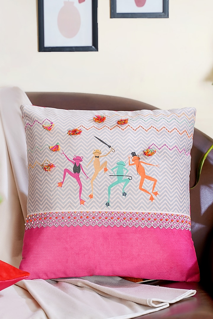 Multi-Colored Premium Velvet Printed & Thread Hand Embroidered Cushion Cover (Set of 3) by Mid July Home at Pernia's Pop Up Shop
