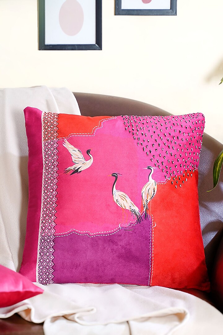 Multi-Colored Premium Velvet Printed & Thread Hand Embroidered Cushion Cover (Set of 3) by Mid July Home at Pernia's Pop Up Shop