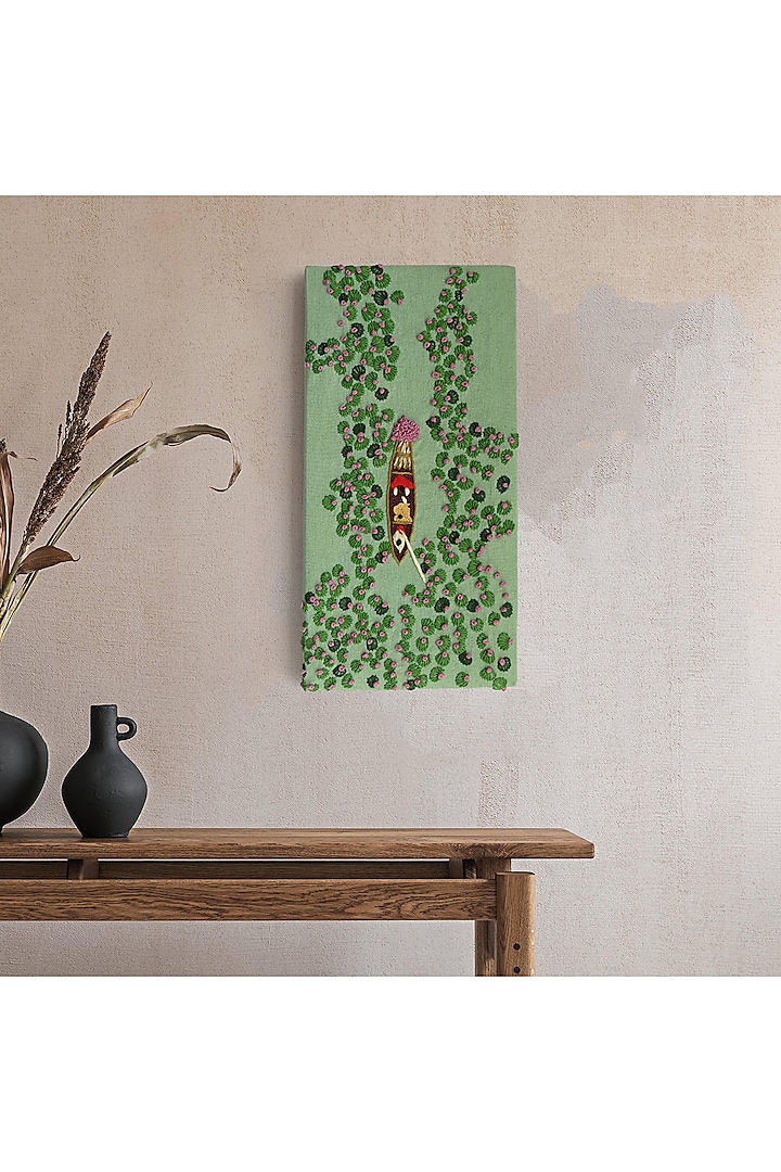 Mint Green Wood & Cotton Hand Embroidered Handcrafted Wall Decor by Mid July Home