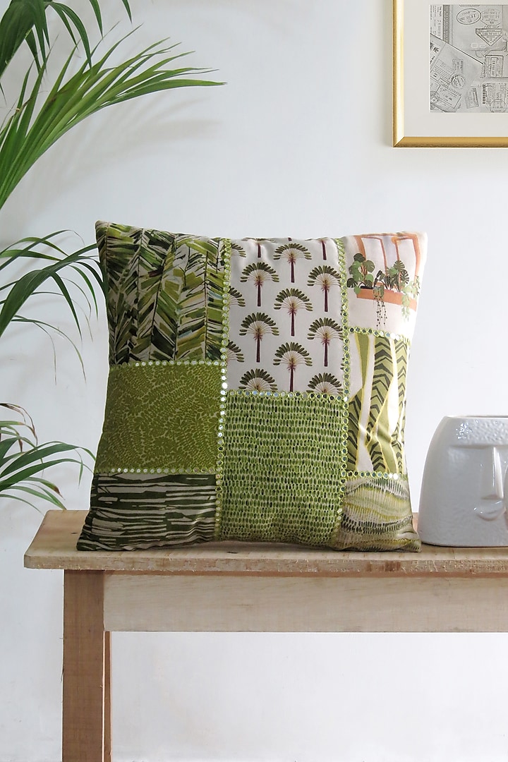 Green & White Velvet Mirror Embroidered Cushion Cover by Mid July Home at Pernia's Pop Up Shop